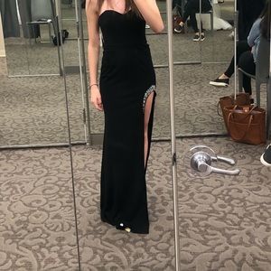 Strapless Crepe Sheath Gown with Embellished Slit